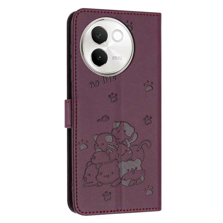 For vivo V30e 5G / V40 Lite 5G Embossed Kitten Phone Leather Case with Lanyard
