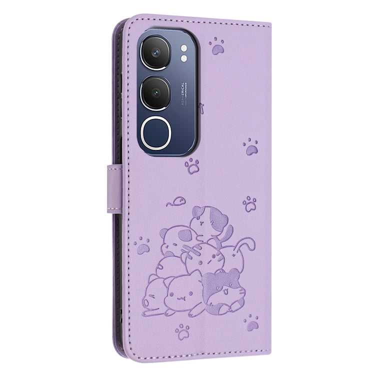 For vivo Y19s Embossed Kitten Phone Leather Case with Lanyard