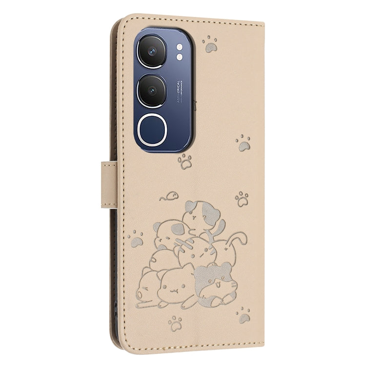 For vivo Y19s Embossed Kitten Phone Leather Case with Lanyard