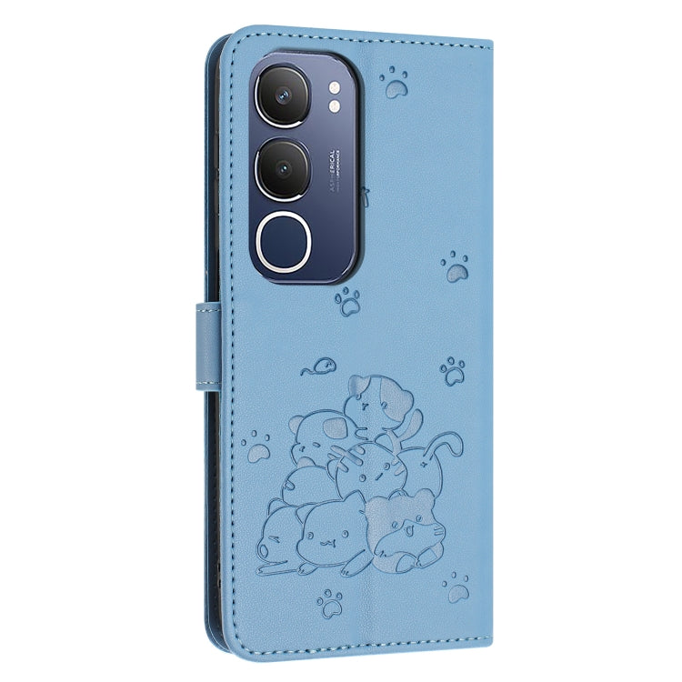 For vivo Y19s Embossed Kitten Phone Leather Case with Lanyard