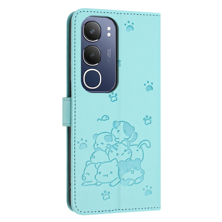 For vivo Y19s Embossed Kitten Phone Leather Case with Lanyard