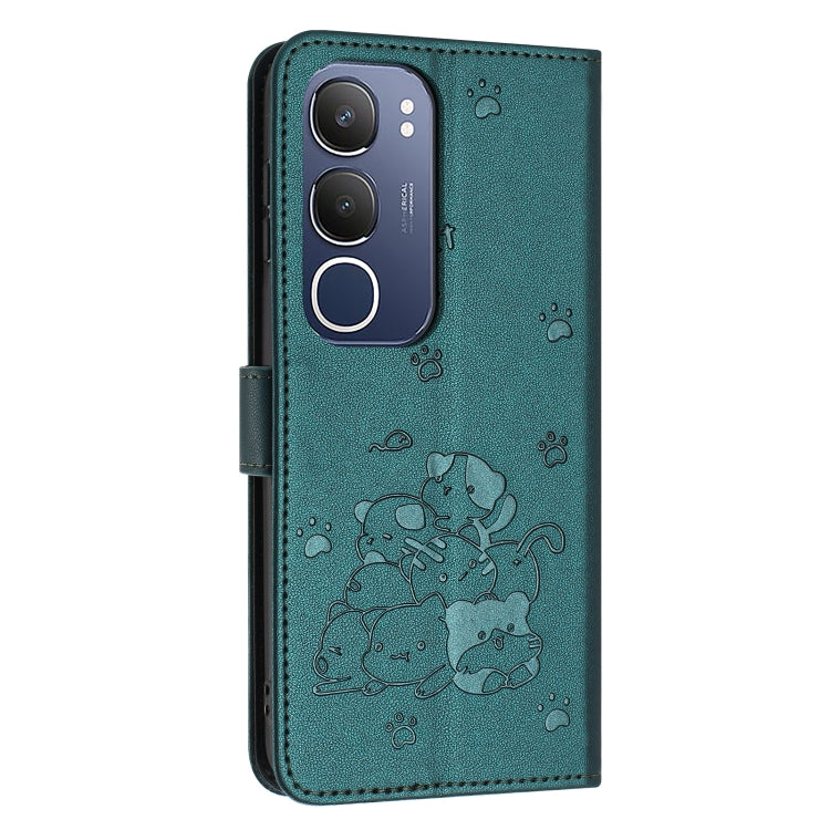 For vivo Y19s Embossed Kitten Phone Leather Case with Lanyard