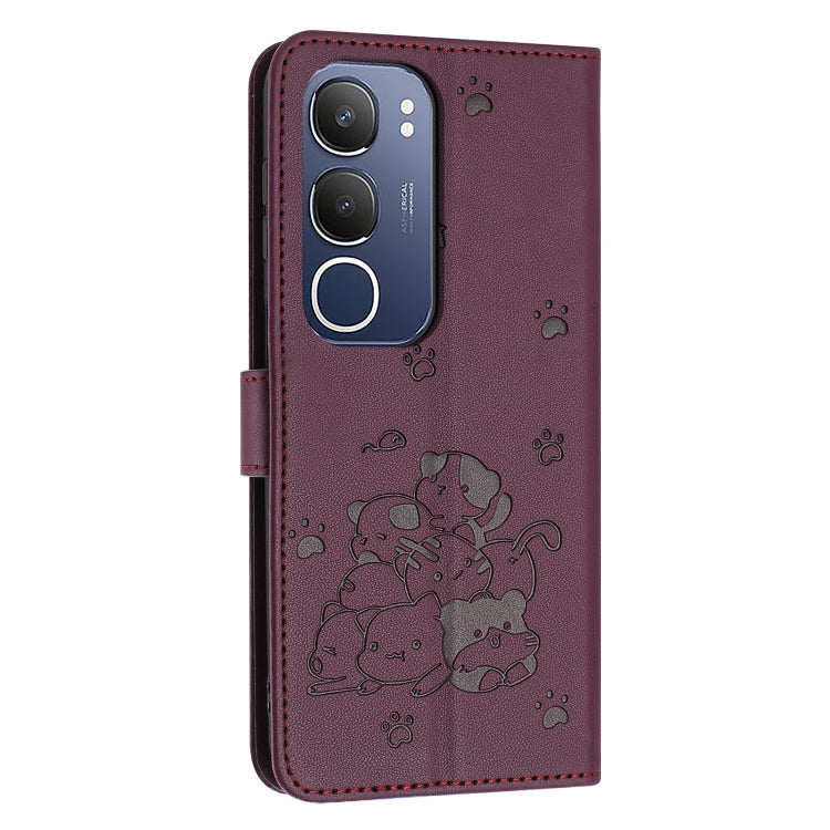 For vivo Y19s Embossed Kitten Phone Leather Case with Lanyard