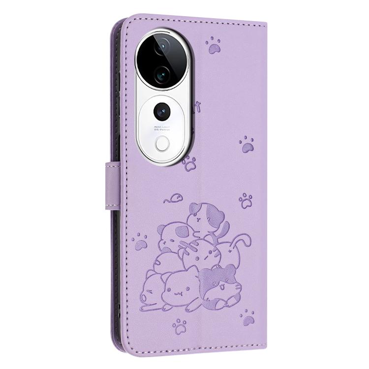 For vivo V40 / V40 Pro / T3 Ultra Embossed Kitten Phone Leather Case with Lanyard
