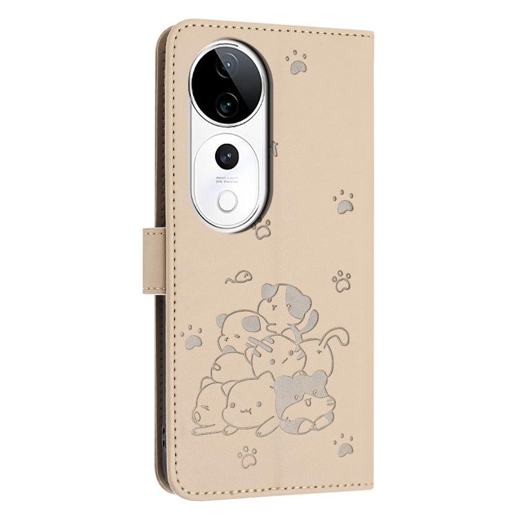 For vivo V40 / V40 Pro / T3 Ultra Embossed Kitten Phone Leather Case with Lanyard