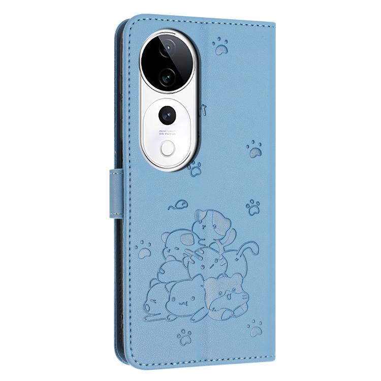 For vivo V40 / V40 Pro / T3 Ultra Embossed Kitten Phone Leather Case with Lanyard