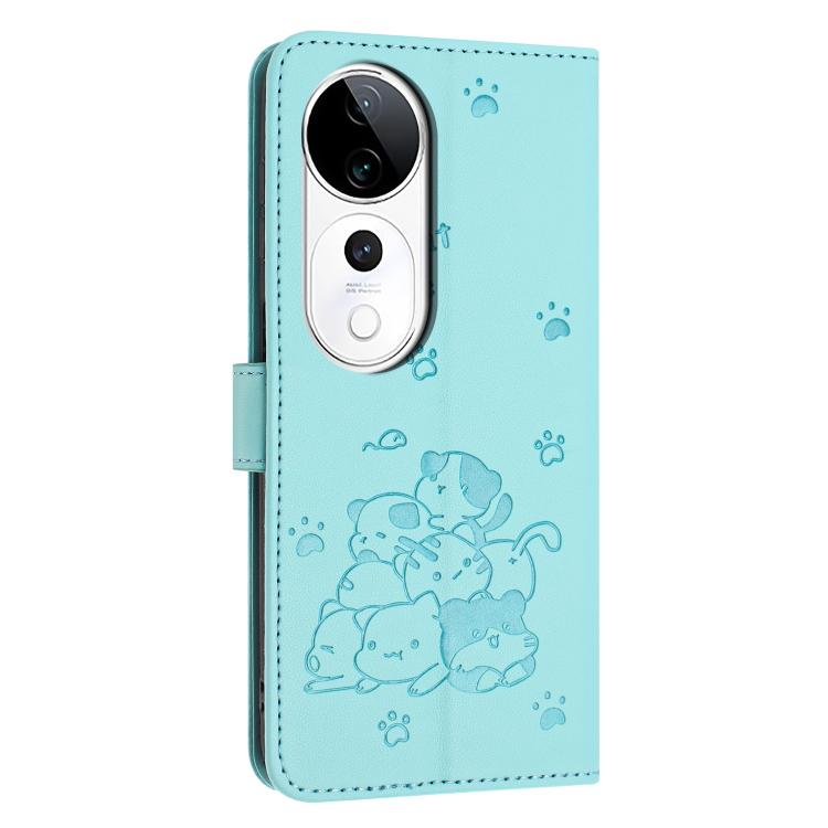 For vivo V40 / V40 Pro / T3 Ultra Embossed Kitten Phone Leather Case with Lanyard