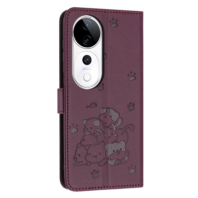 For vivo V40 / V40 Pro / T3 Ultra Embossed Kitten Phone Leather Case with Lanyard