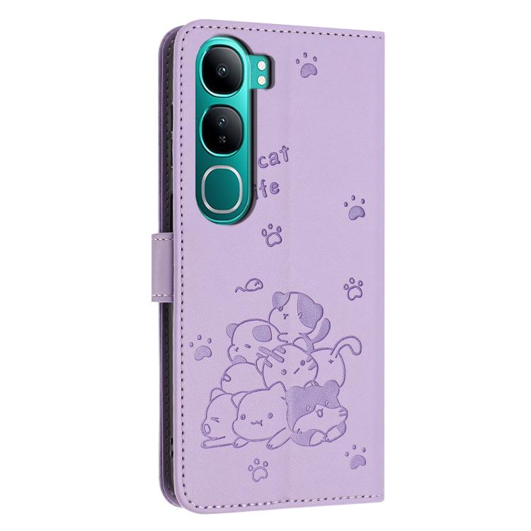 For vivo Y300 Global / V40 Lite IDN Embossed Kitten Phone Leather Case with Lanyard