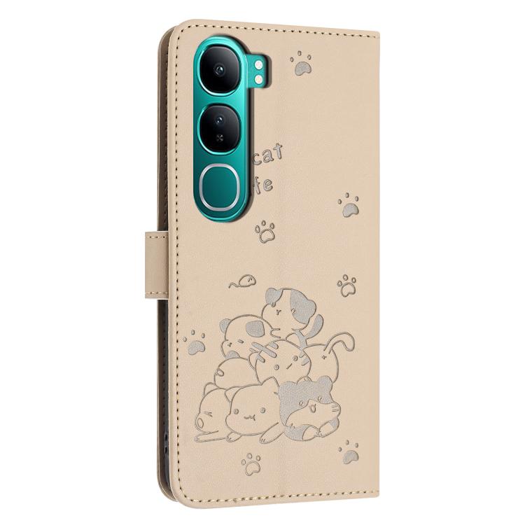 For vivo Y300 Global / V40 Lite IDN Embossed Kitten Phone Leather Case with Lanyard