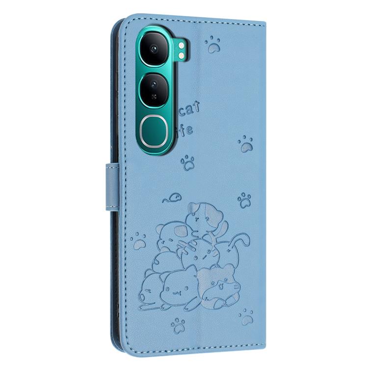 For vivo Y300 Global / V40 Lite IDN Embossed Kitten Phone Leather Case with Lanyard