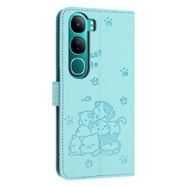 For vivo Y300 Global / V40 Lite IDN Embossed Kitten Phone Leather Case with Lanyard