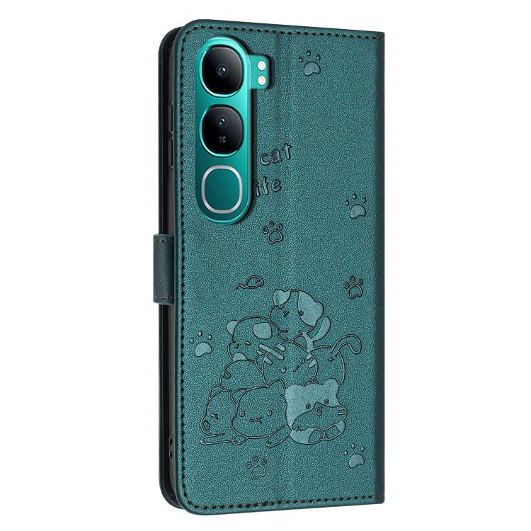 For vivo Y300 Global / V40 Lite IDN Embossed Kitten Phone Leather Case with Lanyard
