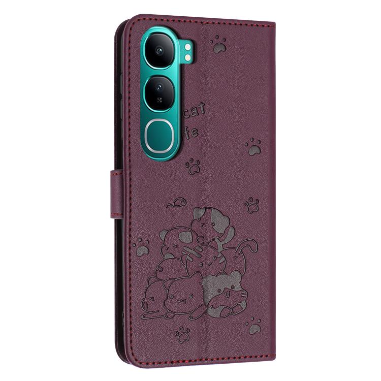 For vivo Y300 Global / V40 Lite IDN Embossed Kitten Phone Leather Case with Lanyard