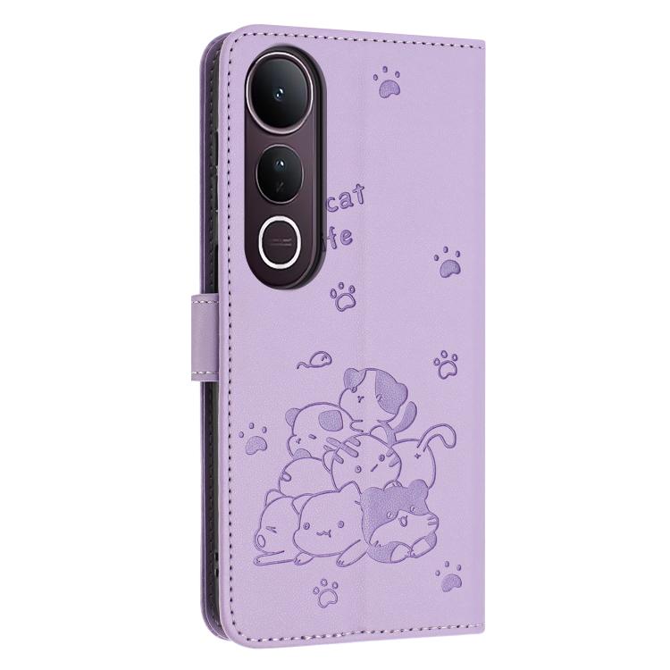 For vivo V50 Lite Embossed Kitten Phone Leather Case with Lanyard