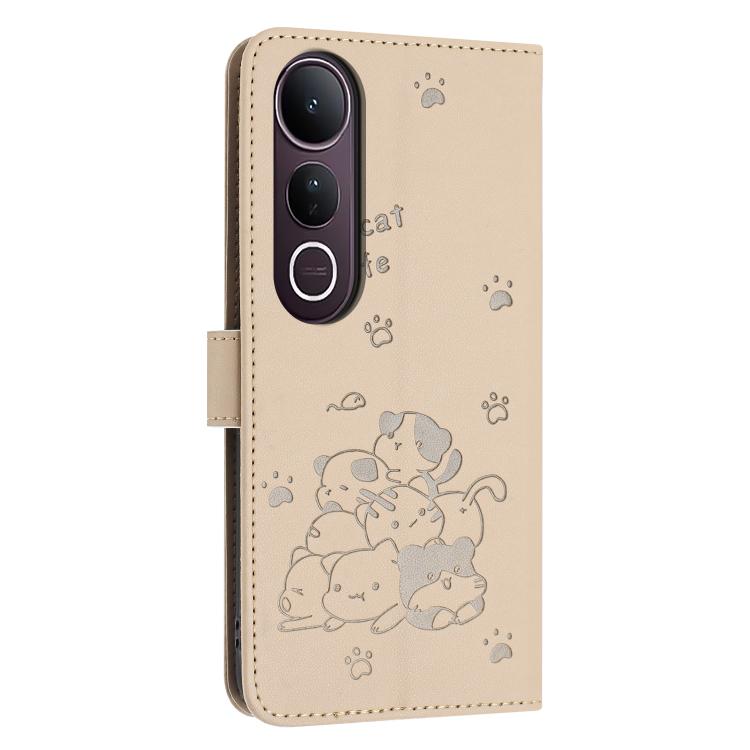 For vivo V50 Lite Embossed Kitten Phone Leather Case with Lanyard