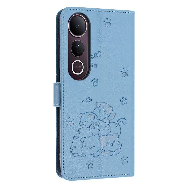 For vivo V50 Lite Embossed Kitten Phone Leather Case with Lanyard
