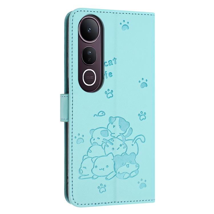 For vivo V50 Lite Embossed Kitten Phone Leather Case with Lanyard