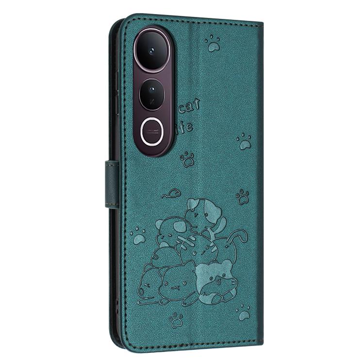 For vivo V50 Lite Embossed Kitten Phone Leather Case with Lanyard
