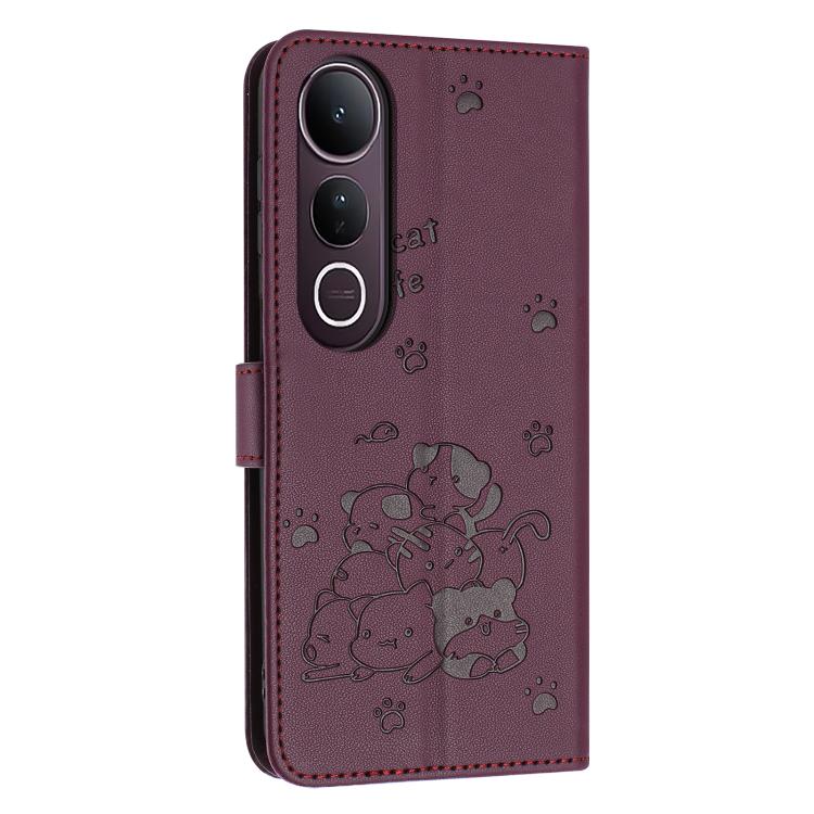 For vivo V50 Lite Embossed Kitten Phone Leather Case with Lanyard