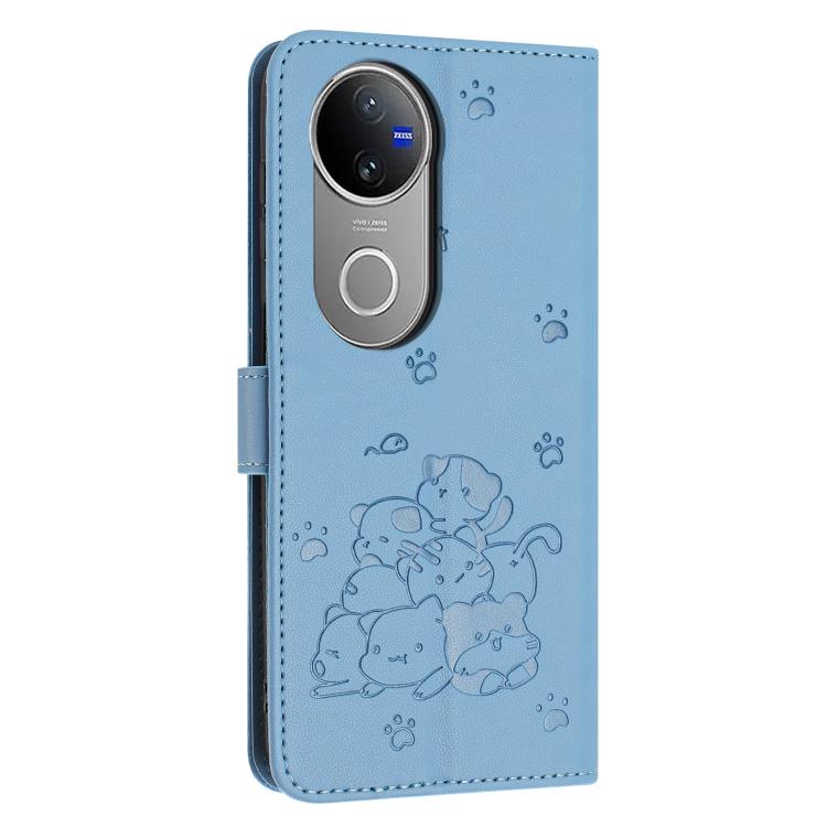 For vivo V50 5G Global Embossed Kitten Phone Leather Case with Lanyard