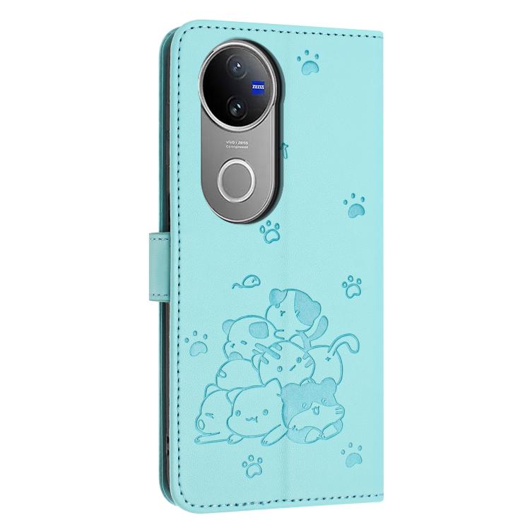 For vivo V50 5G Global Embossed Kitten Phone Leather Case with Lanyard