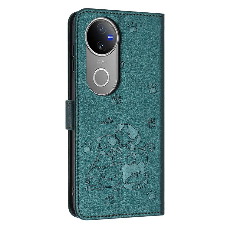 For vivo V50 5G Global Embossed Kitten Phone Leather Case with Lanyard