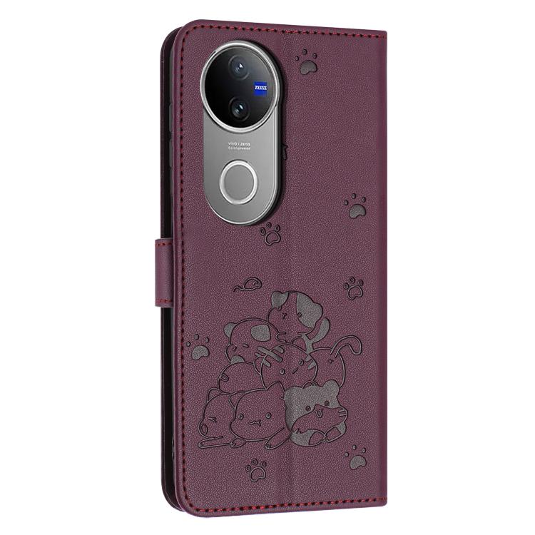 For vivo V50 5G Global Embossed Kitten Phone Leather Case with Lanyard