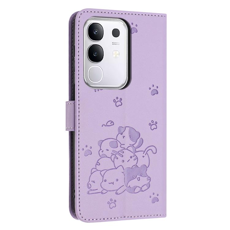 For vivo Y29 4G Embossed Kitten Phone Leather Case with Lanyard
