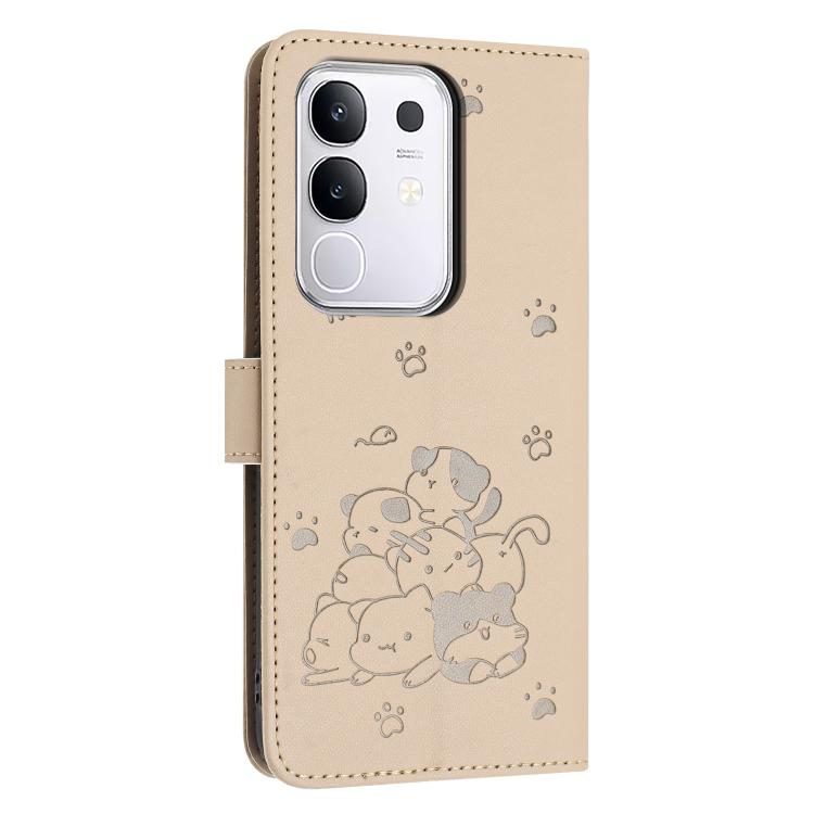 For vivo Y29 4G Embossed Kitten Phone Leather Case with Lanyard