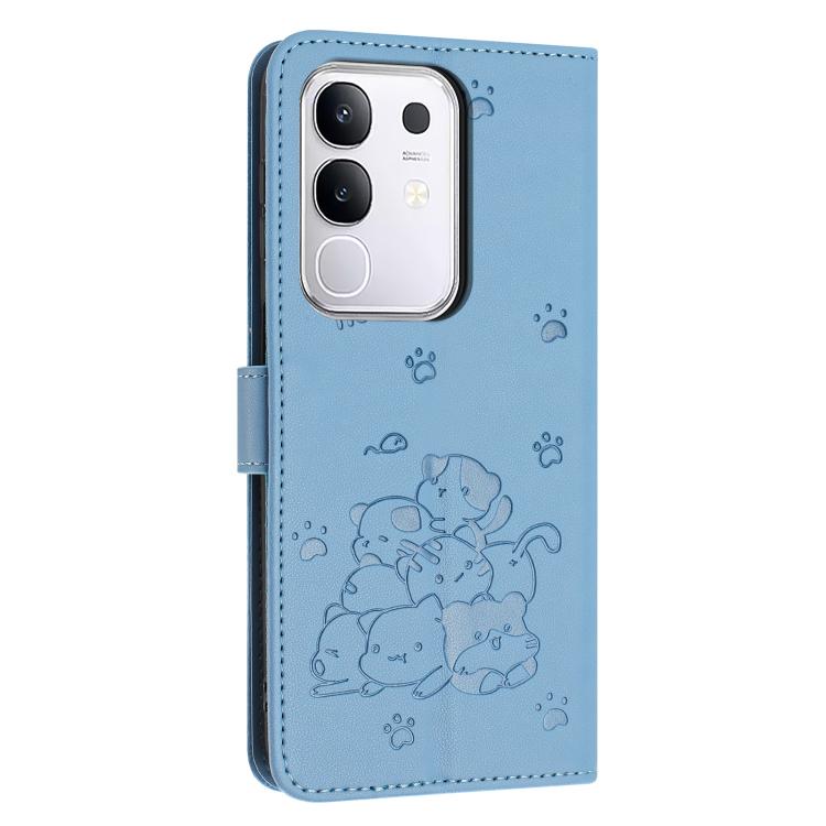 For vivo Y29 4G Embossed Kitten Phone Leather Case with Lanyard
