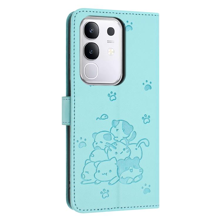For vivo Y29 4G Embossed Kitten Phone Leather Case with Lanyard