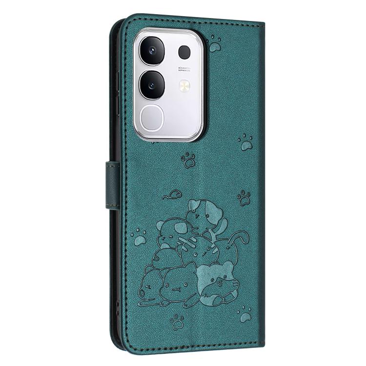 For vivo Y29 4G Embossed Kitten Phone Leather Case with Lanyard