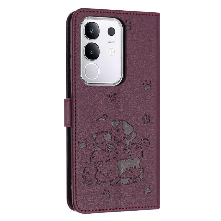 For vivo Y29 4G Embossed Kitten Phone Leather Case with Lanyard