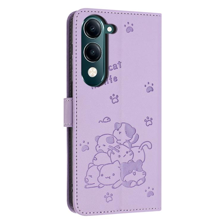 For vivo Y29s 5G / Y04 4G Embossed Kitten Phone Leather Case with Lanyard