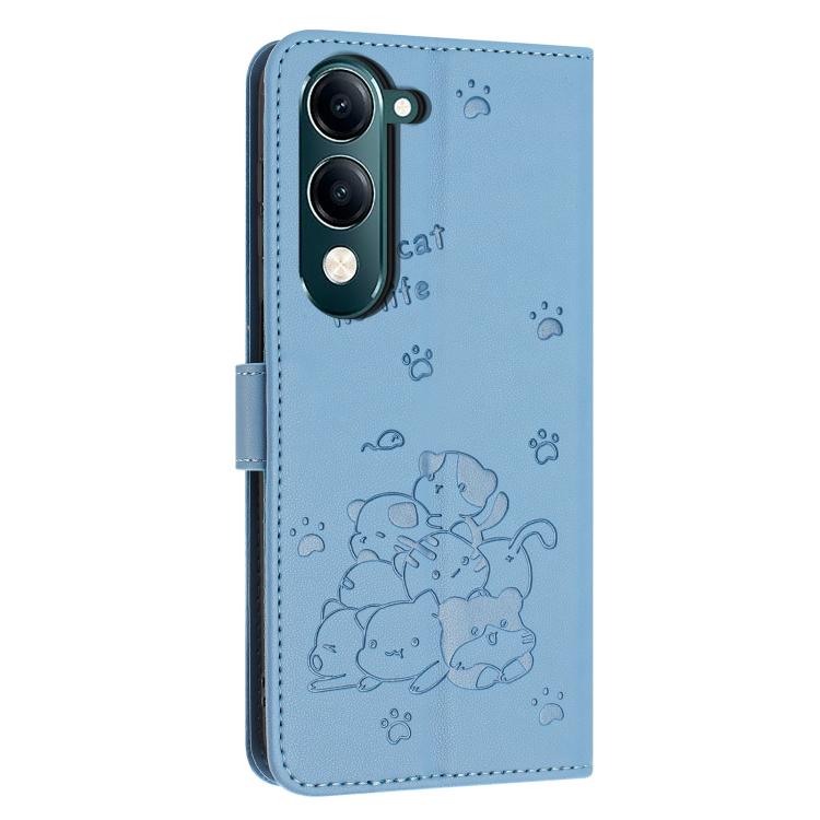For vivo Y29s 5G / Y04 4G Embossed Kitten Phone Leather Case with Lanyard
