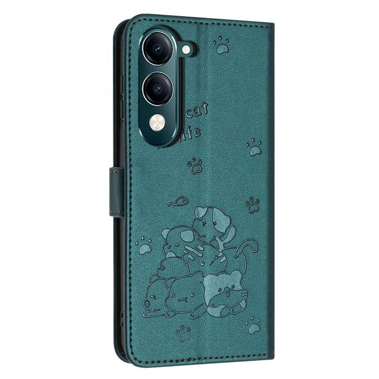 For vivo Y29s 5G / Y04 4G Embossed Kitten Phone Leather Case with Lanyard