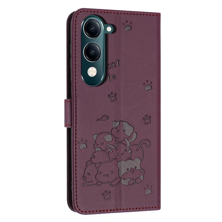 For vivo Y29s 5G / Y04 4G Embossed Kitten Phone Leather Case with Lanyard