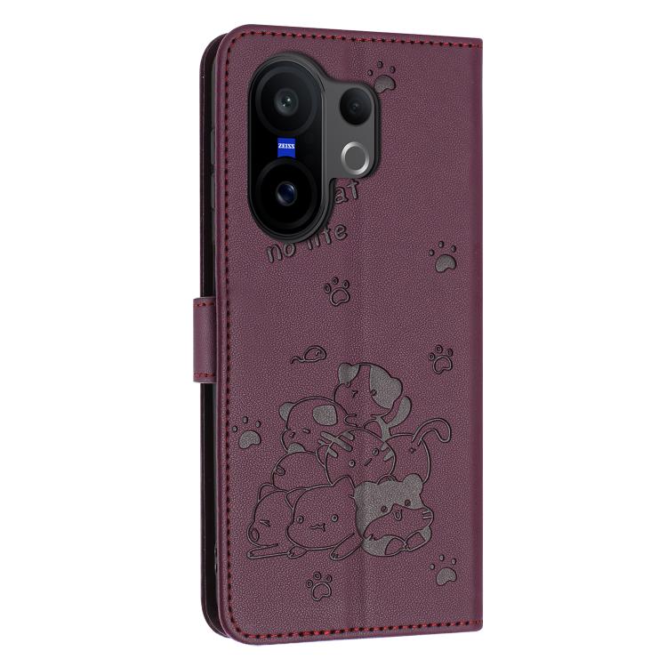 For vivo X200 FE / 30 Pro Mini Embossed Kitten Phone Leather Case with Lanyard
