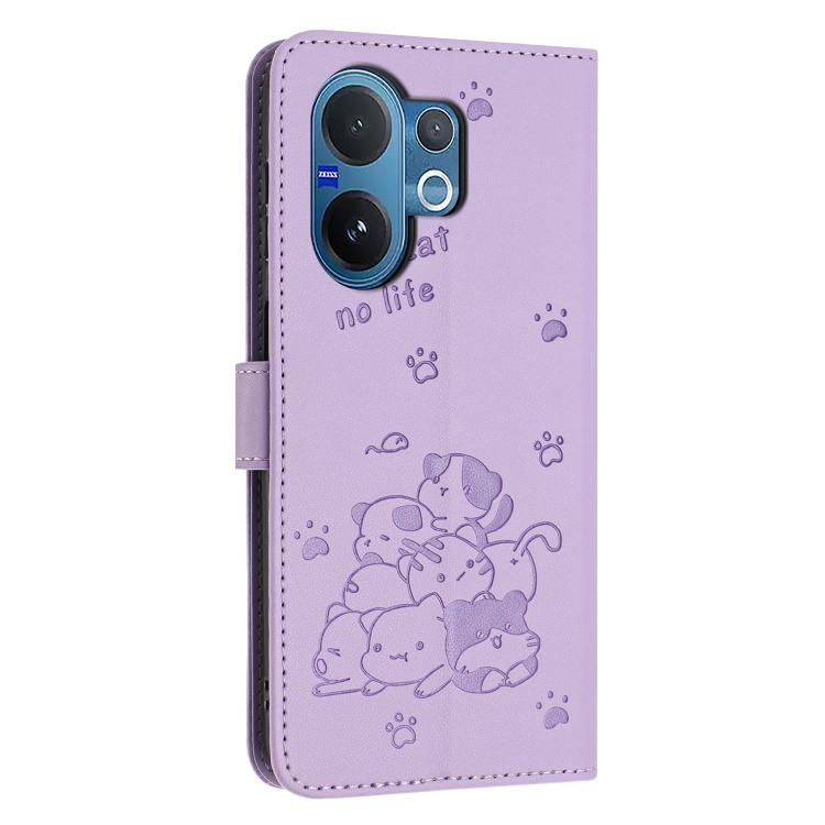 For vivo V60 5G Global Embossed Kitten Phone Leather Case with Lanyard