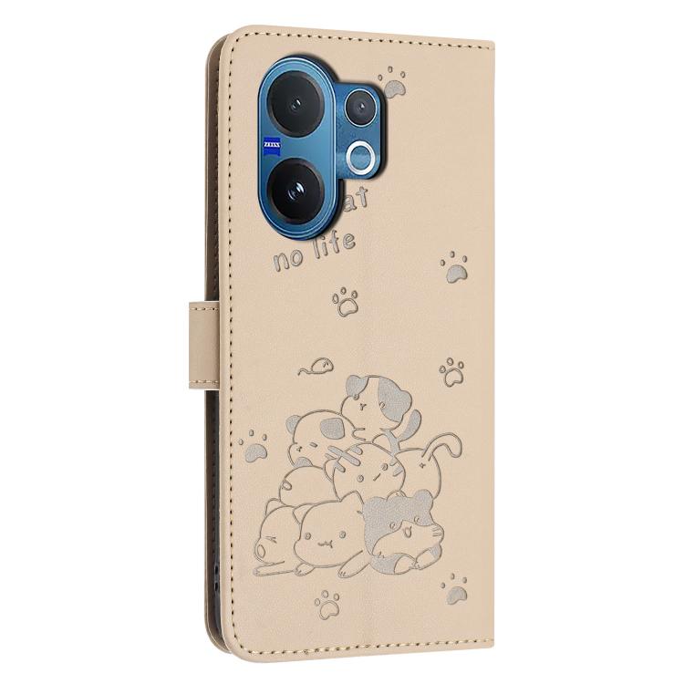 For vivo V60 5G Global Embossed Kitten Phone Leather Case with Lanyard