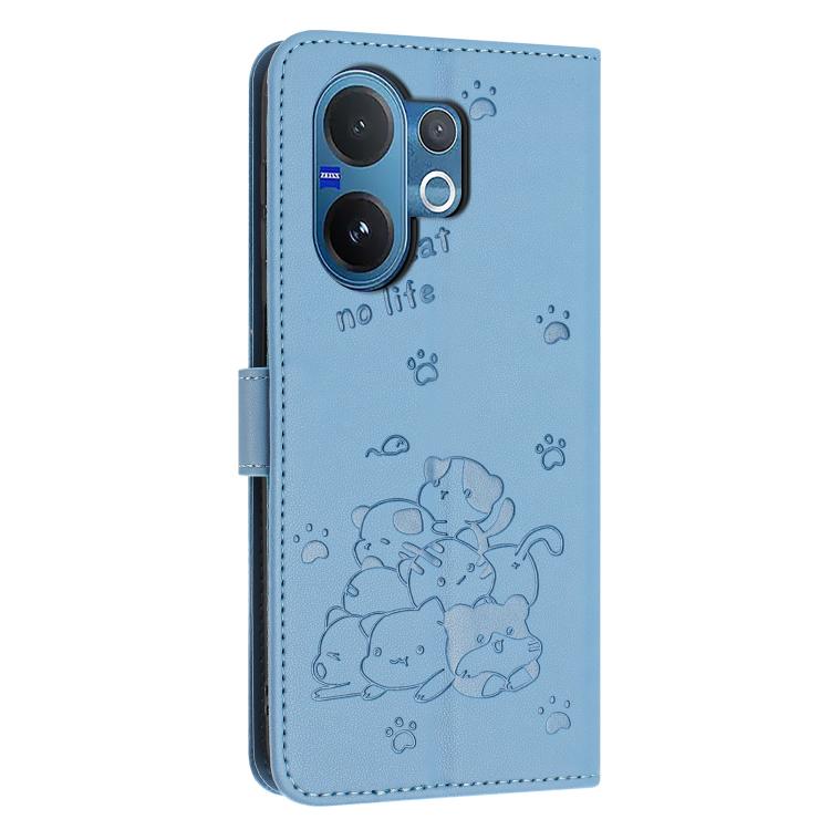 For vivo V60 5G Global Embossed Kitten Phone Leather Case with Lanyard