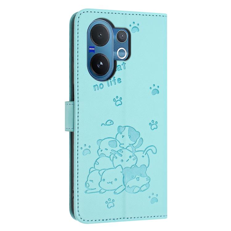 For vivo V60 5G Global Embossed Kitten Phone Leather Case with Lanyard