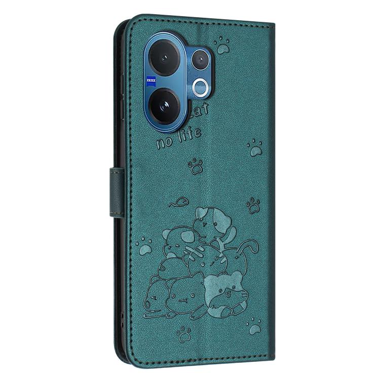 For vivo V60 5G Global Embossed Kitten Phone Leather Case with Lanyard