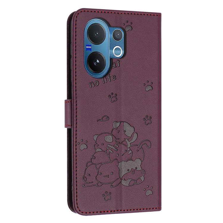 For vivo V60 5G Global Embossed Kitten Phone Leather Case with Lanyard