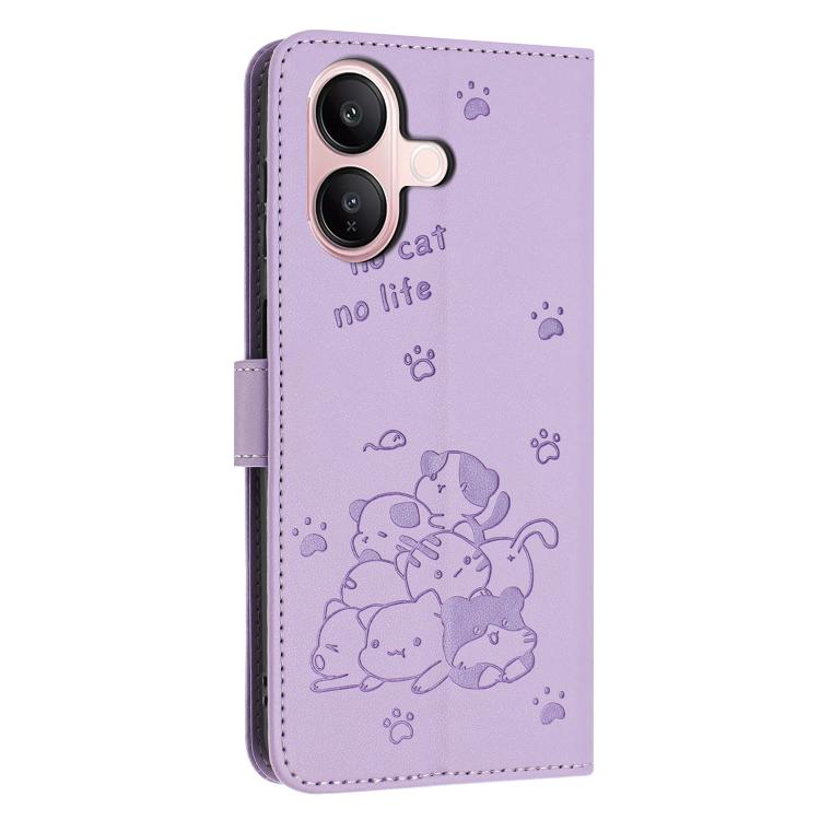 For vivo V60 Lite 4G / 5G Embossed Kitten Phone Leather Case with Lanyard