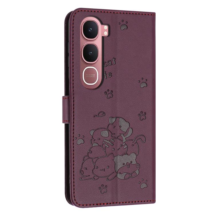 For vivo Y31 5G 2025 Embossed Kitten Phone Leather Case with Lanyard