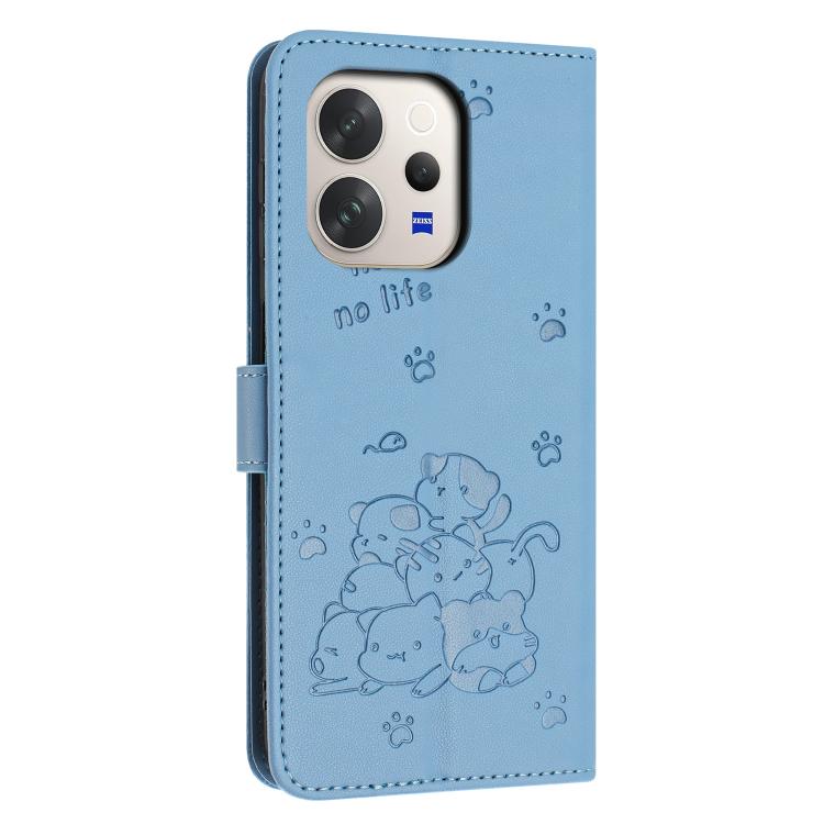 For vivo V70 5G Embossed Kitten Phone Leather Case with Lanyard