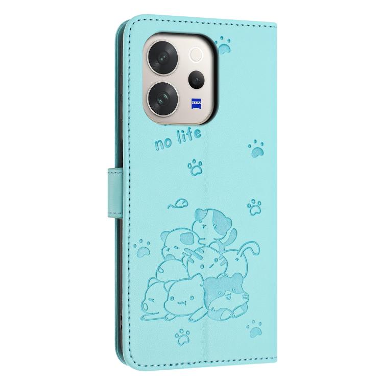 For vivo V70 5G Embossed Kitten Phone Leather Case with Lanyard