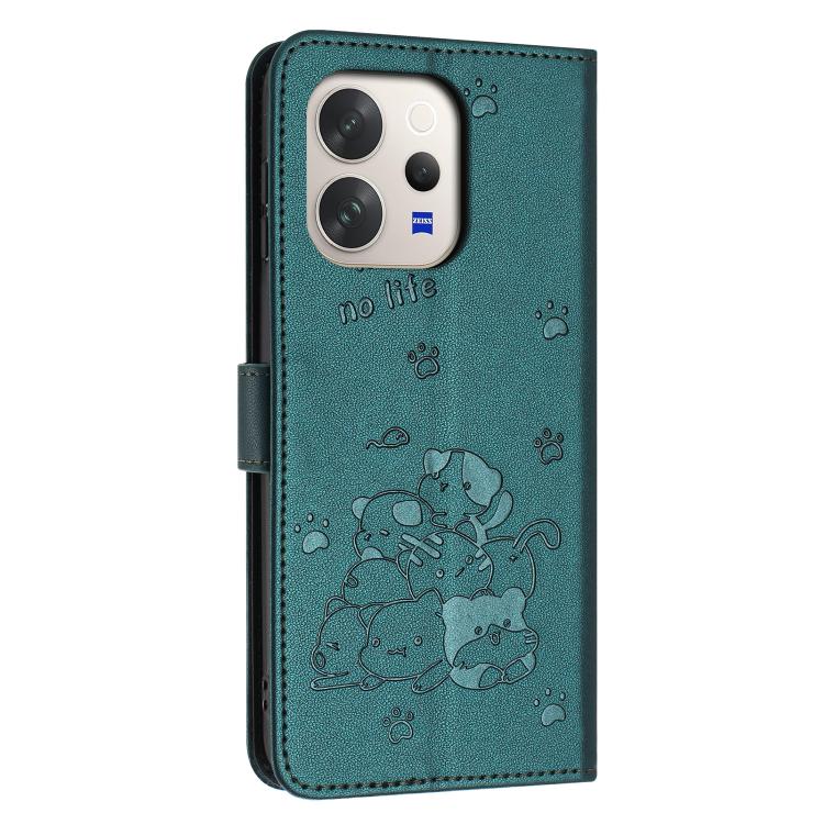 For vivo V70 5G Embossed Kitten Phone Leather Case with Lanyard